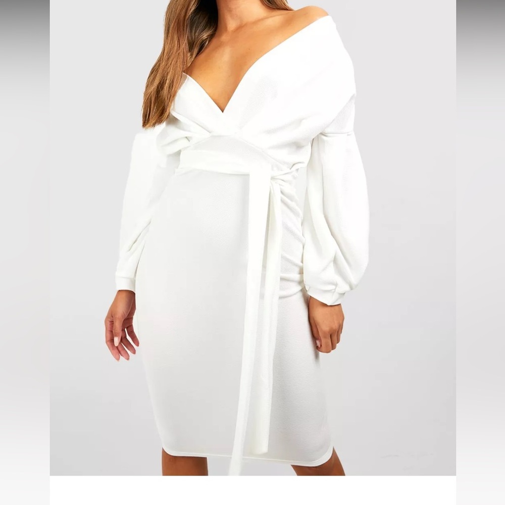 Boohoo Off The Shoulder Wrap Midi Bodycon Dress